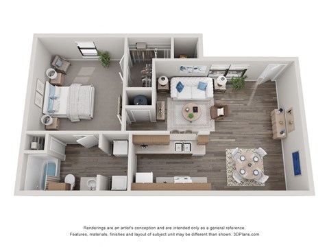 Floor plan for 1 bed, 1 bath, 667 sqft